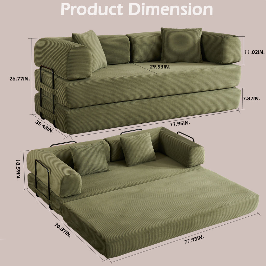 Convertible Sleeper Sofa Bed with Cylindrical Pillow, Corduroy Folding Mattress Couch with Fixed-Shape Frame, Floor Sofa Lounge Couch for Living Room Bedroom (Green) - Grand Goldman Shop