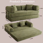 Convertible Sleeper Sofa Bed with Cylindrical Pillow, Corduroy Folding Mattress Couch with Fixed-Shape Frame, Floor Sofa Lounge Couch for Living Room Bedroom (Green) - Grand Goldman Shop
