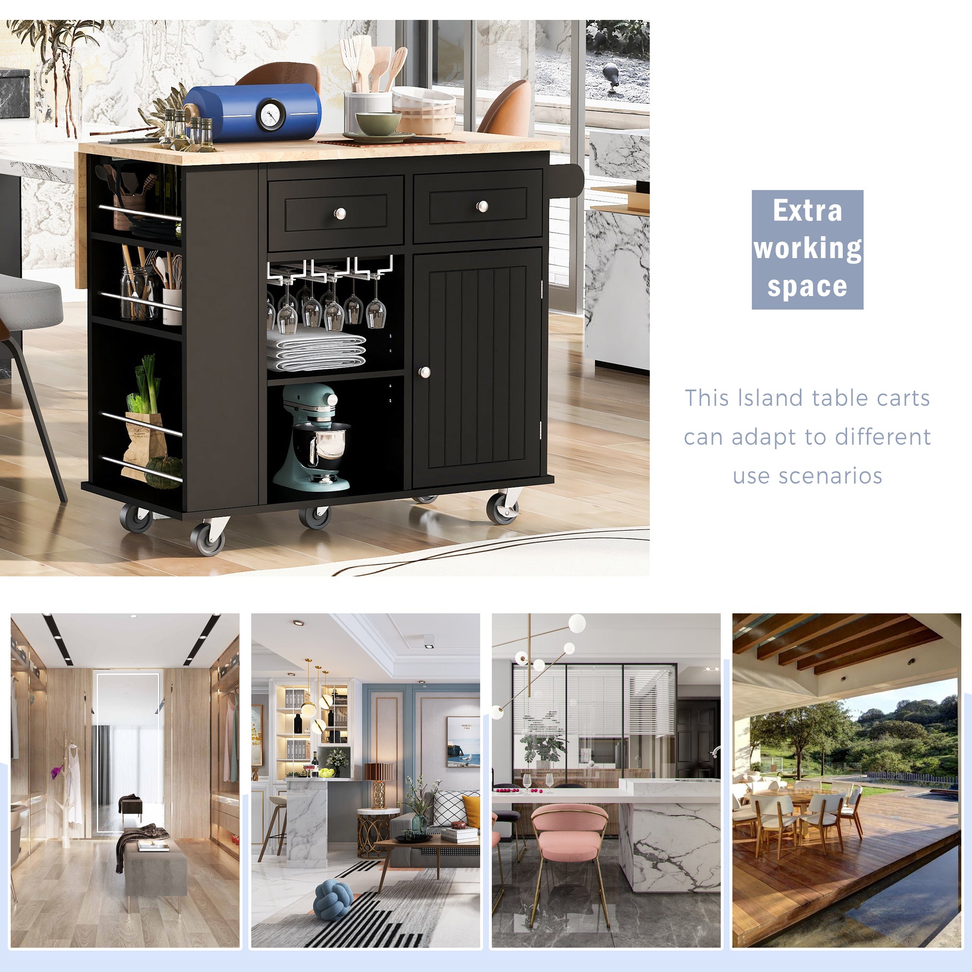Kitchen Island with Power Outlet,Kitchen Storage Island with Drop Leaf and Rubber Wood,Open Storage and Wine Rack,5 Wheels,with Adjustable Storage for Home, Kitchen, and Dining Room, Black - Grand Goldman Shop