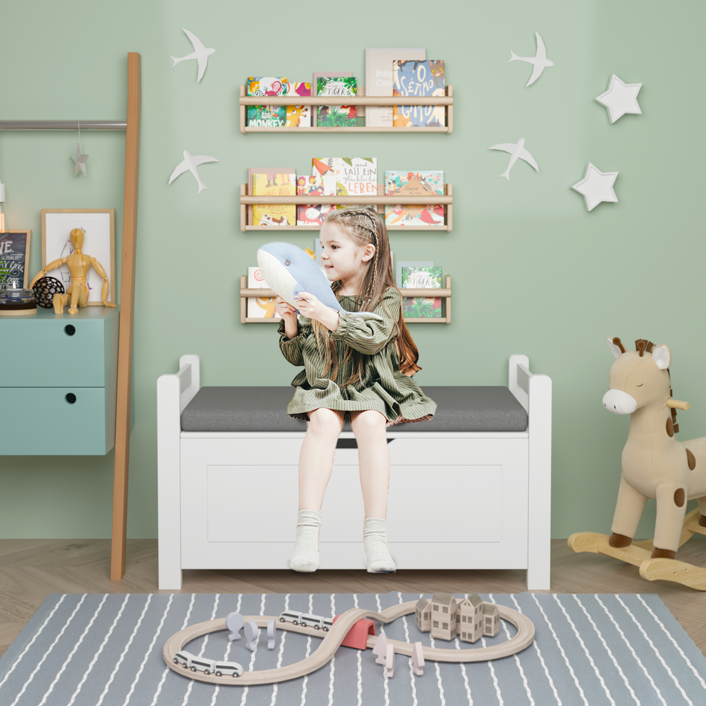 Kids Toy Box Chest White Storage Cabinet with Cushion Seat Bench Flip-Top Lid Safety Hinge for Nursery Playroom - Grand Goldm