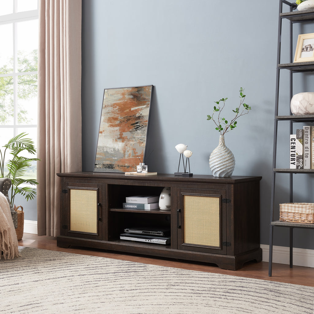 Farmhouse Rattan TV Stand Console Table for TVs up to 70 Inches, TV Console Table with 2 Storage Shelves, 2 Natural Rattan Door Cabinets, 65'W*15.55'D*23.86'H, Espresso - Grand Goldman Shop