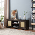 Farmhouse Rattan TV Stand Console Table for TVs up to 70 Inches, TV Console Table with 2 Storage Shelves, 2 Natural Rattan Door Cabinets, 65'W*15.55'D*23.86'H, Espresso - Grand Goldman Shop