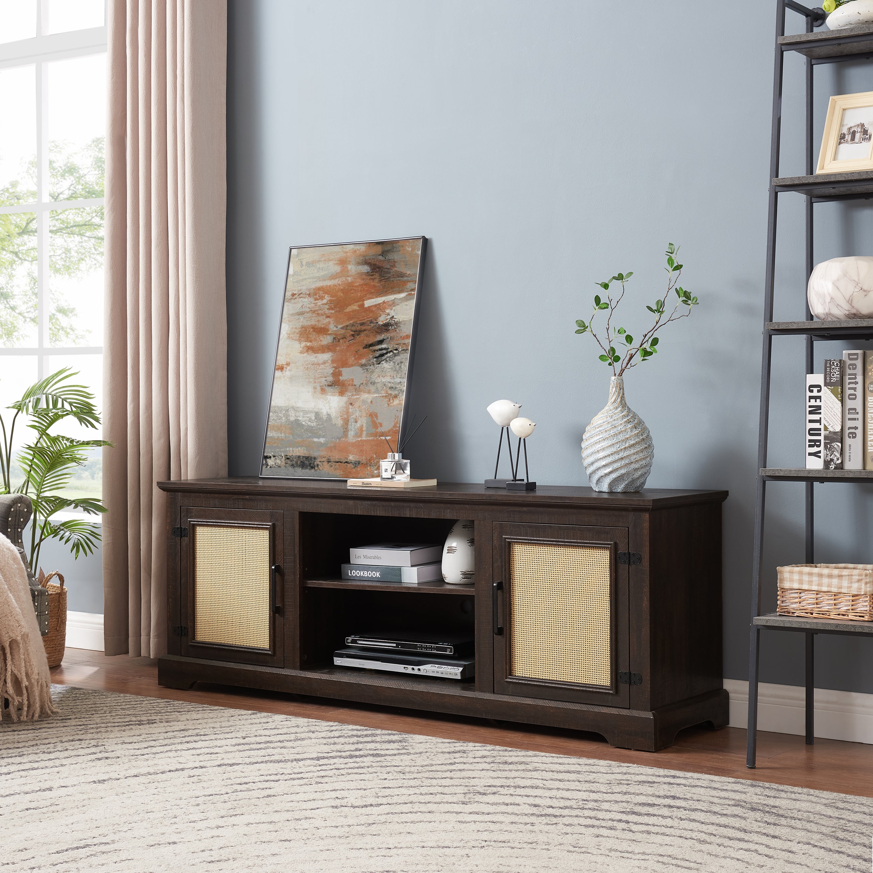 Farmhouse Rattan TV Stand Console Table for TVs up to 70 Inches, TV Console Table with 2 Storage Shelves, 2 Natural Rattan Door Cabinets, 65'W*15.55'D*23.86'H, Espresso - Grand Goldman Shop