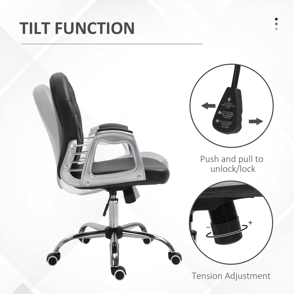 Vinsetto PU Leather Home Office Chair, Button Tufted Desk Chair with Padded Armrests, Adjustable Height and Swivel Wheels, Bl
