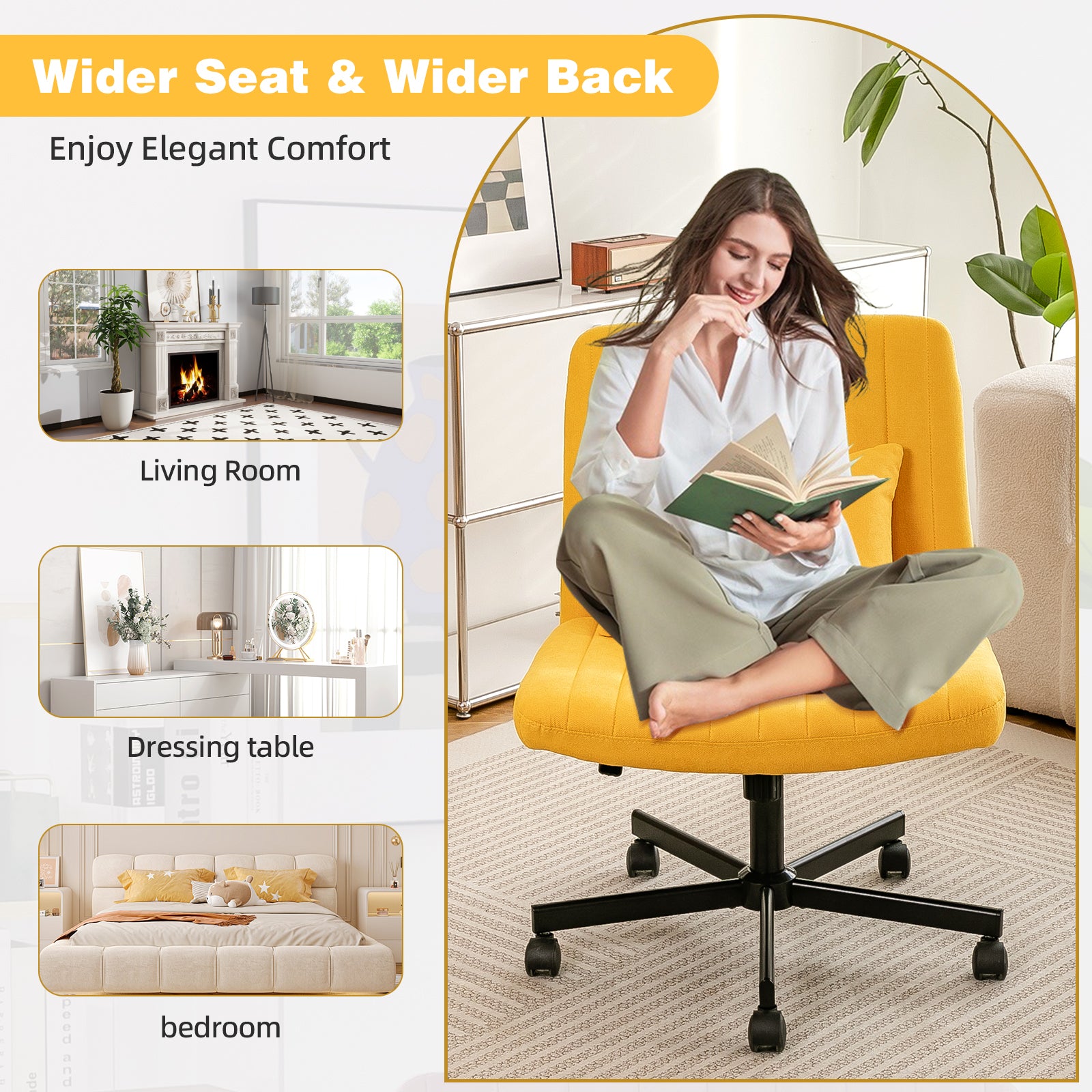 Yellow Linen Criss Cross Armless Office Chair with Wheels - Modern Comfort for Home Office, Meditation & Makeup Spaces - Gran