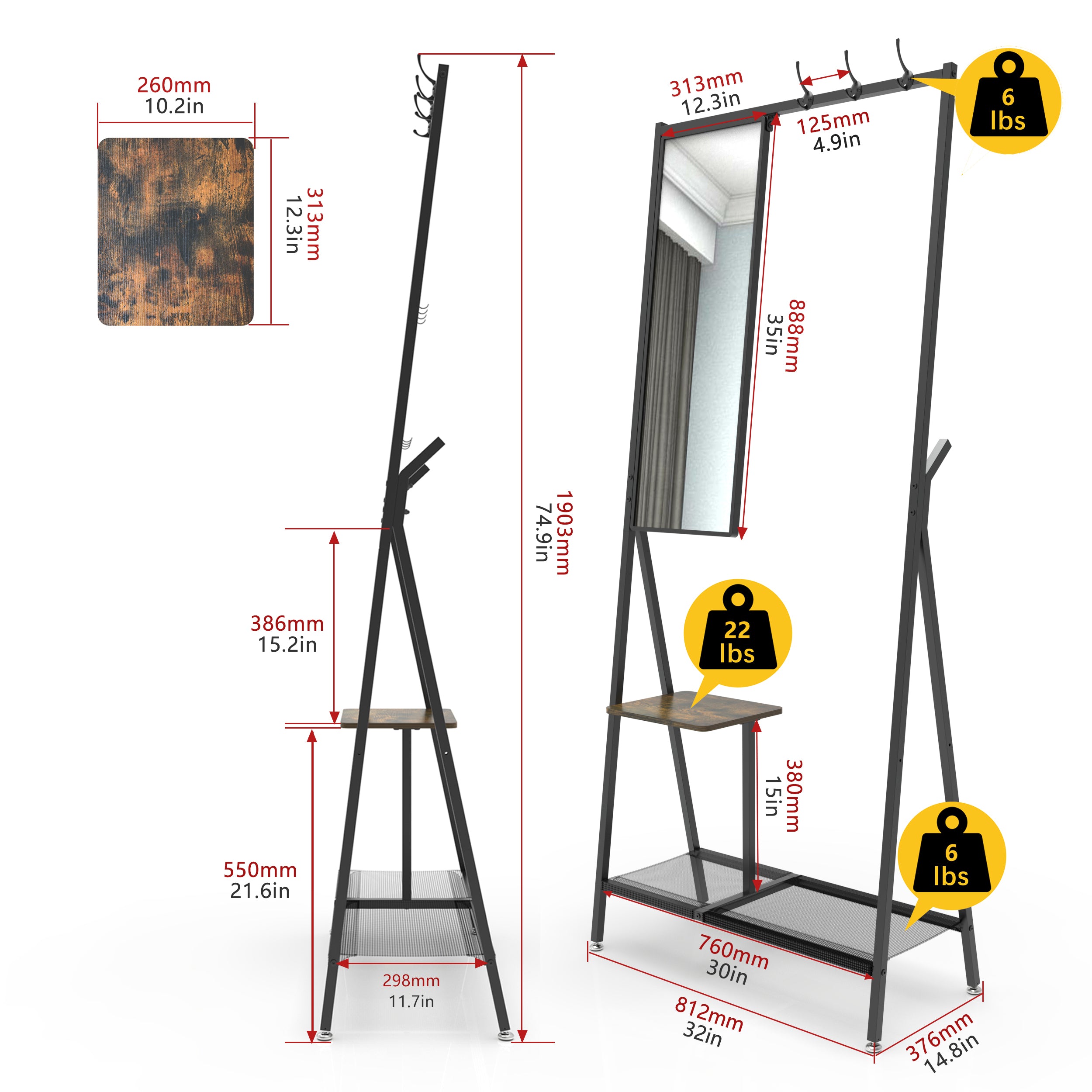 Coat Rack with Mirror, Multifunctional Hall Tree with Shoe Storage, Metal Frame, for Living Room Bedroom 73x32x15 Inches, Industrial Style, Rustic Brown and Black - Grand Goldman Shop
