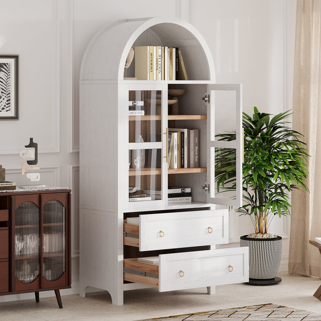 K&K 71' Tall Arched Kitchen Pantry Cabinet with 2 Large Drawers, Modern Farmhouse Kitchen Storage Cabinets with Adjustable Shelves, Glass Door, Wood Versatile Cupboard for Kitchens, Dining Room, White - Grand Goldman Shop