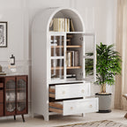K&K 71' Tall Arched Kitchen Pantry Cabinet with 2 Large Drawers, Modern Farmhouse Kitchen Storage Cabinets with Adjustable Shelves, Glass Door, Wood Versatile Cupboard for Kitchens, Dining Room, White - Grand Goldman Shop