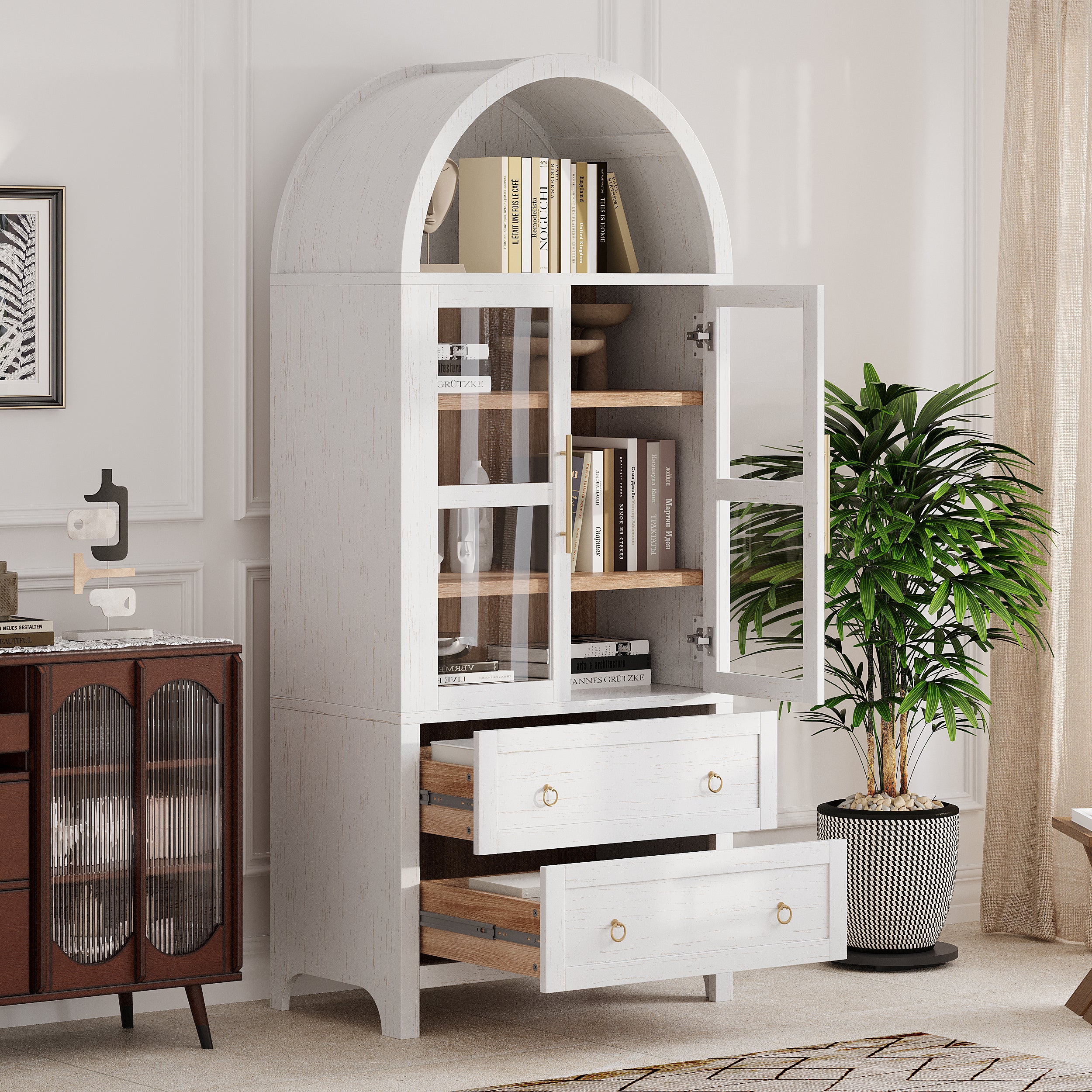 K&K 71' Tall Arched Kitchen Pantry Cabinet with 2 Large Drawers, Modern Farmhouse Kitchen Storage Cabinets with Adjustable Shelves, Glass Door, Wood Versatile Cupboard for Kitchens, Dining Room, White - Grand Goldman Shop