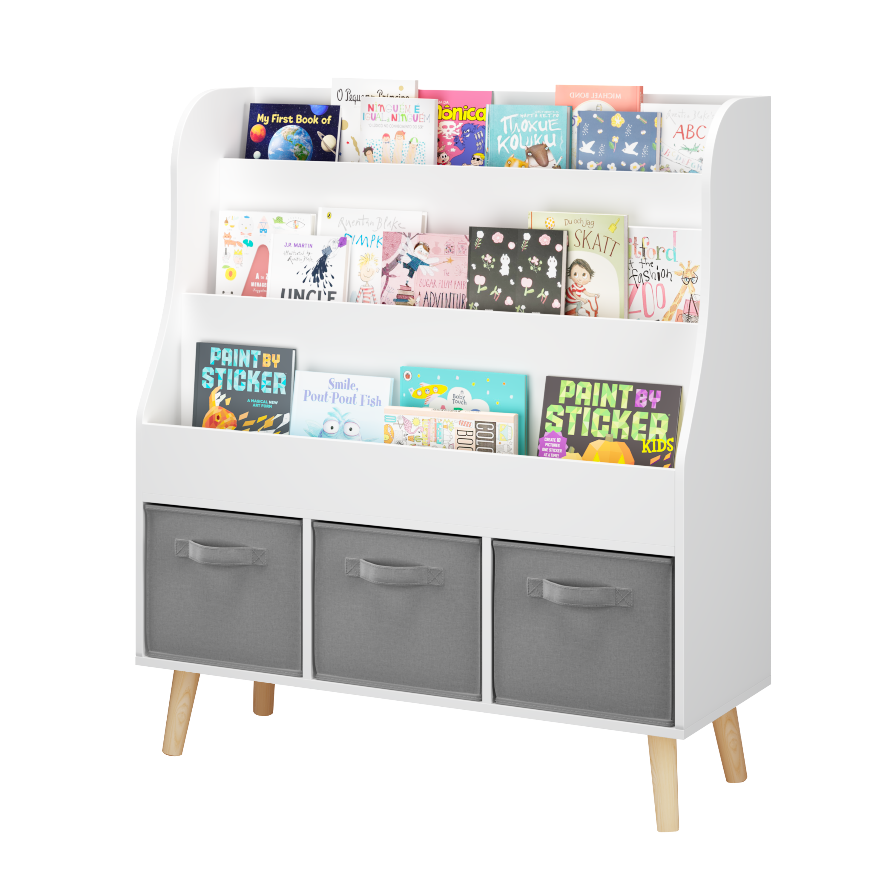 Kids Bookshelf with 3 Fabric Storage Bins, White Wooden Book Display Organizer for Toddlers and Children, Front-Facing Book R