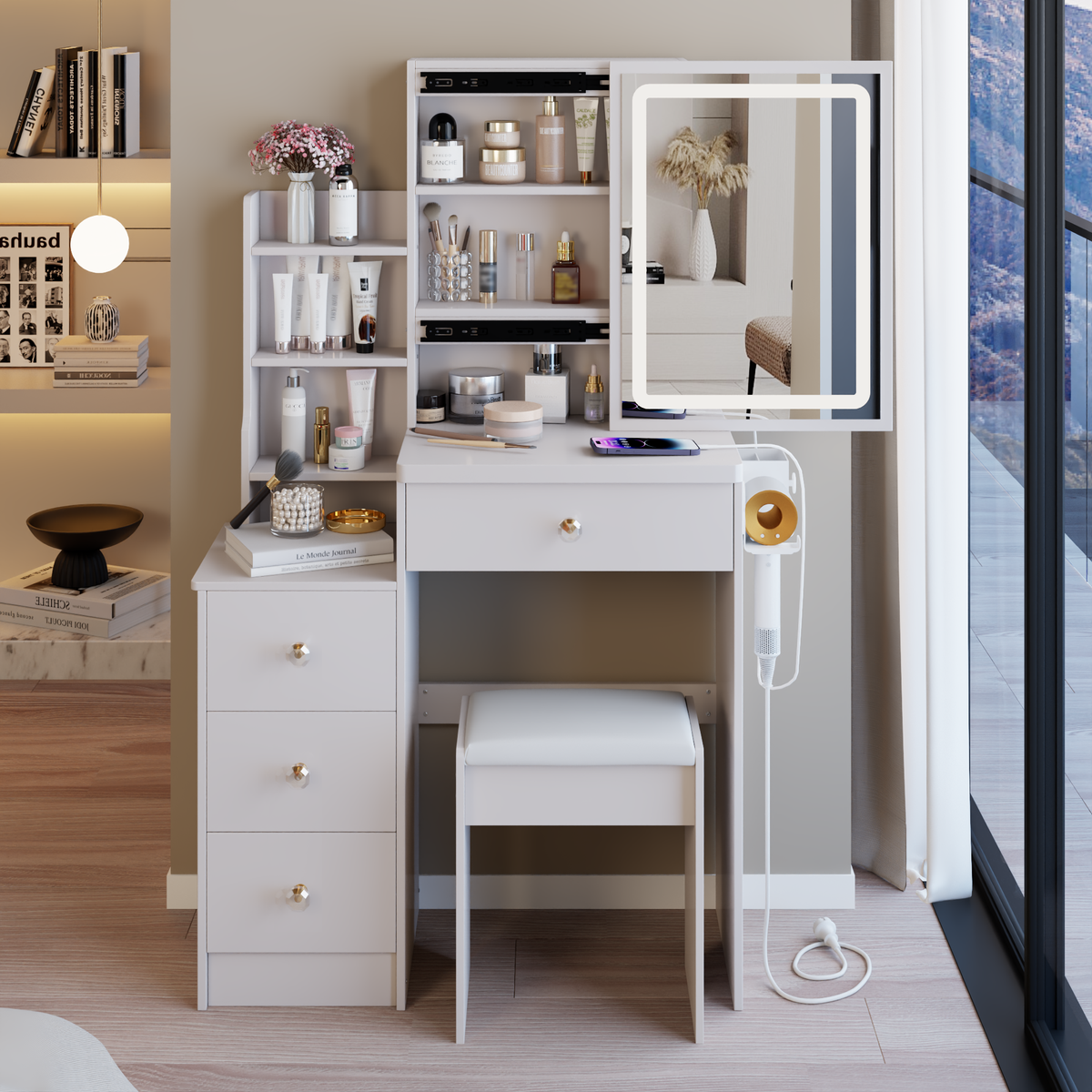 29.2' Small Size Left Bedside Cabinet Vanity Table + Cushioned Stool, 2 AC+2 USB Power Station, Hair dryer bracket, Extra Large Touch Control Sliding LED Mirror, Tri-color Switching, Brightness Adjust - Grand Goldman Shop
