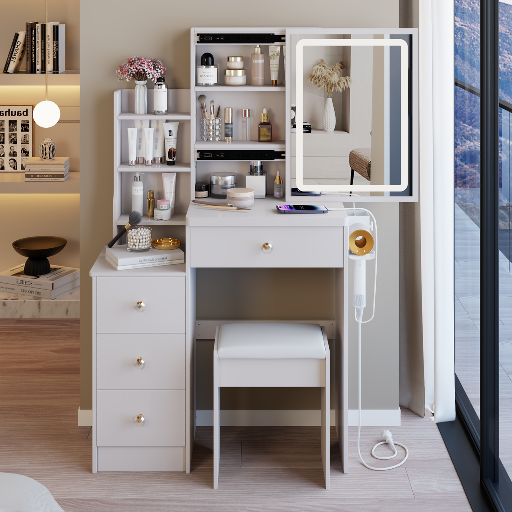 29.2' Small Size Bedside Cabinet Vanity Table + Cushioned Stool, 2 AC+2 USB Power Station, Hair dryer bracket, Extra Large Touch Control Sliding LED Mirror, 3-color Switching, EPA, GCC, UL Certificate - Grand Goldman Shop