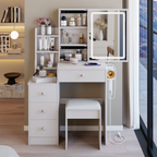 29.2' Small Size Bedside Cabinet Vanity Table + Cushioned Stool, 2 AC+2 USB Power Station, Hair dryer bracket, Extra Large Touch Control Sliding LED Mirror, 3-color Switching, EPA, GCC, UL Certificate - Grand Goldman Shop
