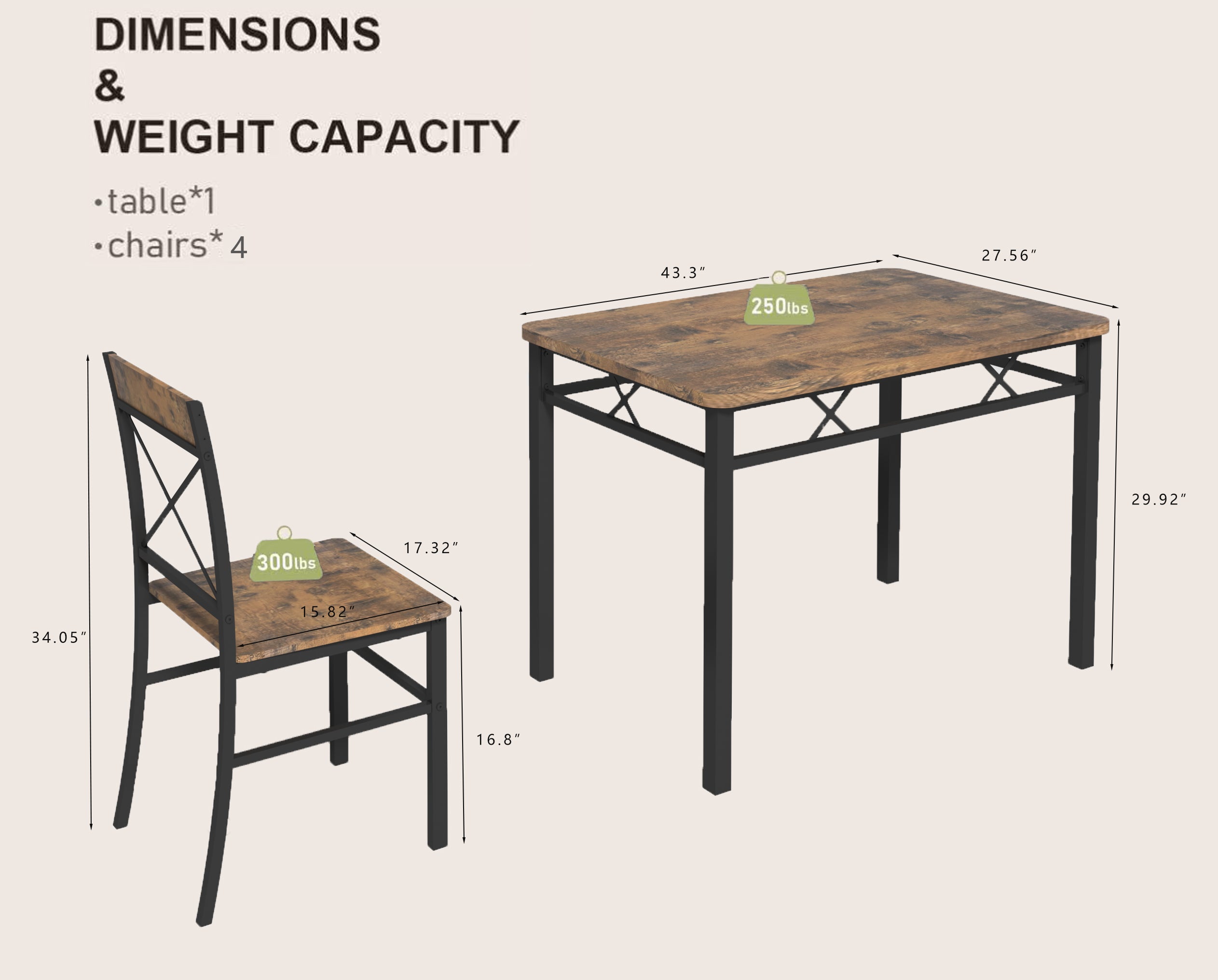 Dining Table Set for 4, Wood Kitchen Table with  Chairs Dinning Table Set for Kitchen & Dining Room, Compact Dining Set for Small Spaces, Rustic Brown - Grand Goldman Shop