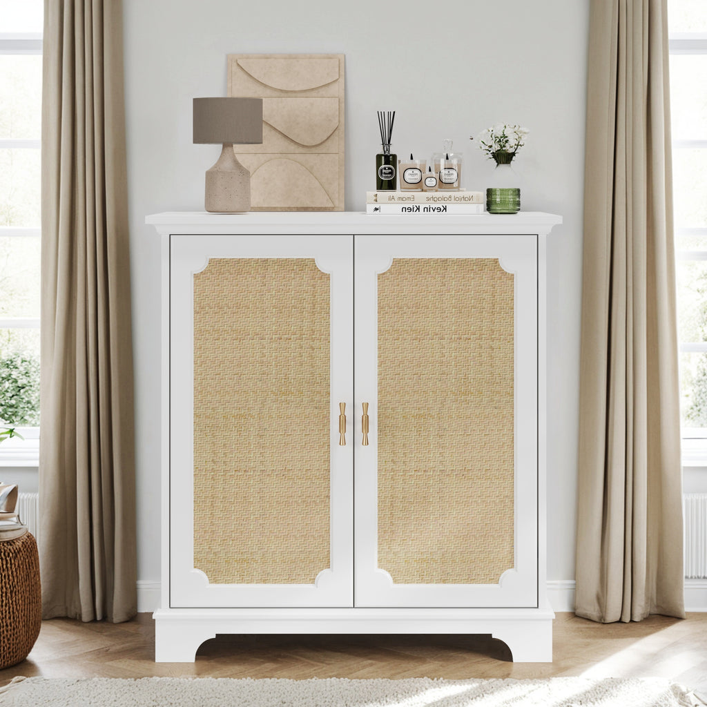 Rattan Decorated Sideboard Buffet Storage Liquor Cabinet, White Particle Board & MDF, 31.10 x 14.96 x 34.25 inches - Grand Goldman Shop