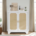 Rattan Decorated Sideboard Buffet Storage Liquor Cabinet, White Particle Board & MDF, 31.10 x 14.96 x 34.25 inches - Grand Goldman Shop