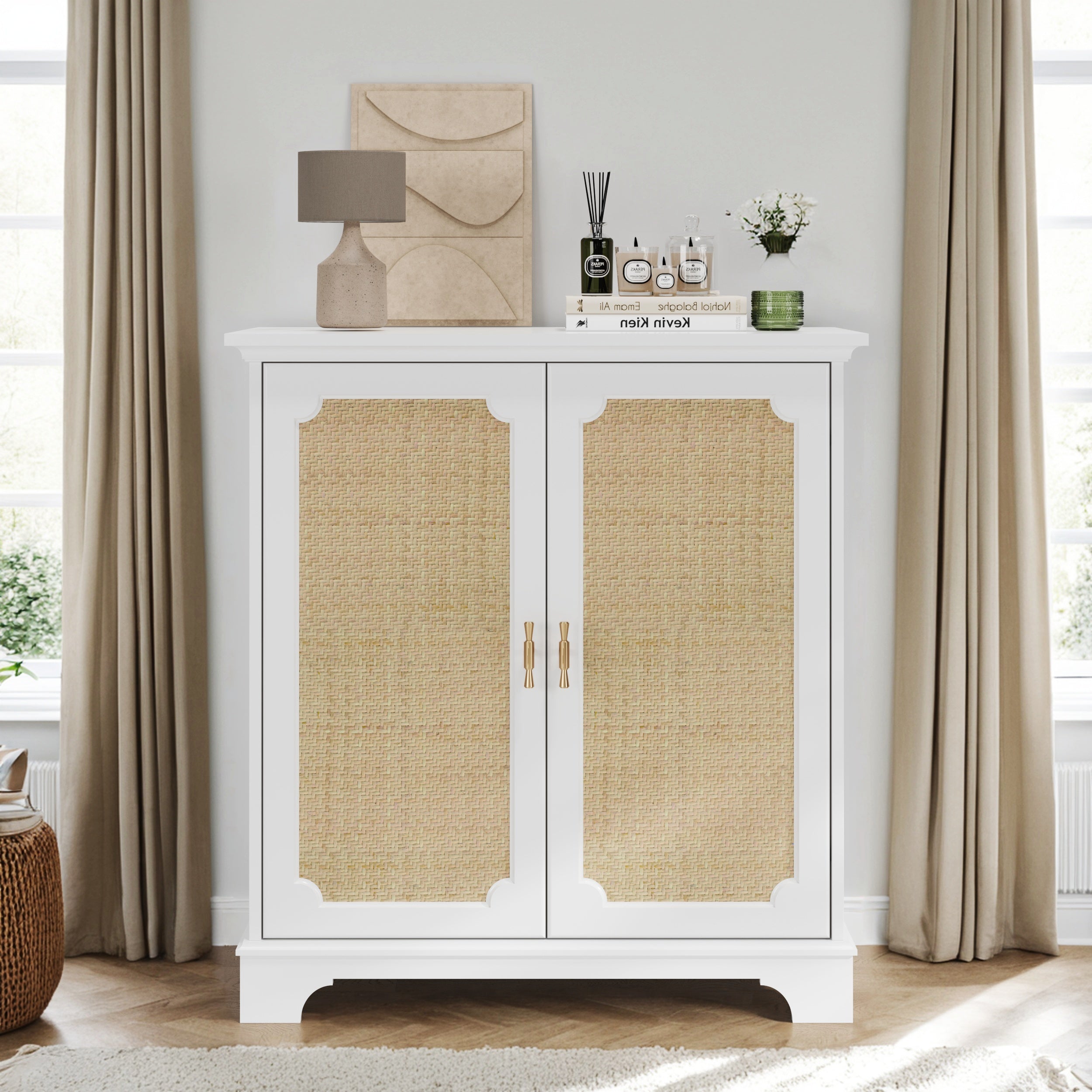Rattan Decorated Sideboard Buffet Storage Liquor Cabinet, White Particle Board & MDF, 31.10 x 14.96 x 34.25 inches - Grand Goldman Shop