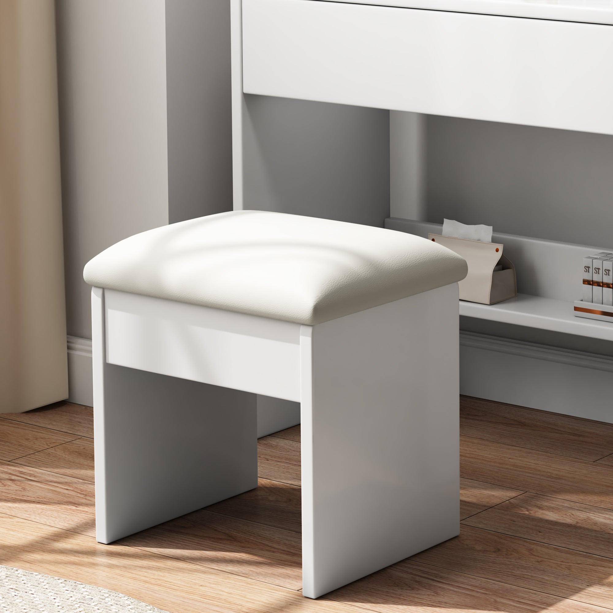 Modern Vanity Desk with Adjustable LED Lights, Mirror, Hair Dryer Holder & Chair in White MDF, 3-Drawer Storage Set - Grand Goldman Shop