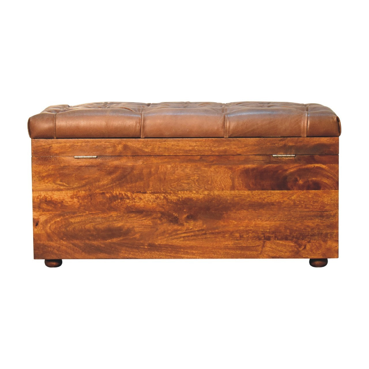 Solid Wood Buffalo Leather Upholstered Hide Chestnut Storage Trunk, Tan & Brown - Grand Goldman Shop