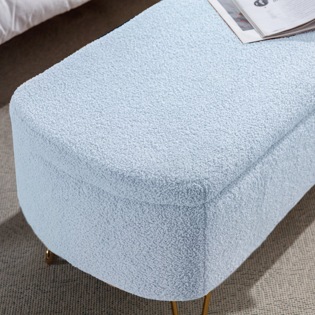 Blue Storage Ottoman Bench for End of Bed Gold Legs, Modern Grey Faux Fur Entryway Bench Upholstered Padded with Storage for Living Room Bedroom - Grand Goldman Shop