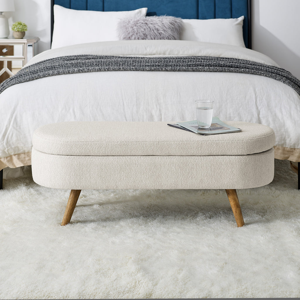 Ottoman Oval Storage Bench,Rubber Wood Legs, Beige(43.5'x16'x16') - Grand Goldman Shop