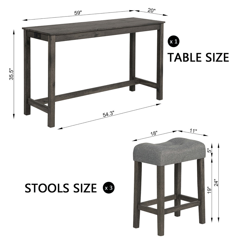4 Piece Bar Table Set with Power Outlet, Bar Table Set with Chairs, Sofa Bar Table with Stools, Behind Couch Table with 3 Padded Stools, for Living Room, Dining room, Dark Gray - Grand Goldman Shop