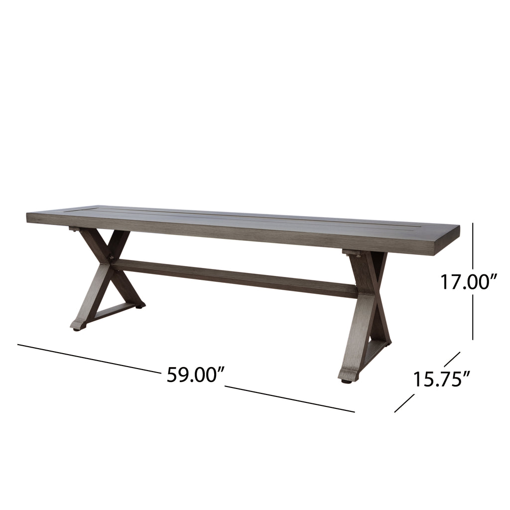 Modern Aluminum Outdoor Dining Bench with X-Base, Dark Gray Finish, 59'W Patio Seating - Grand Goldman Shop