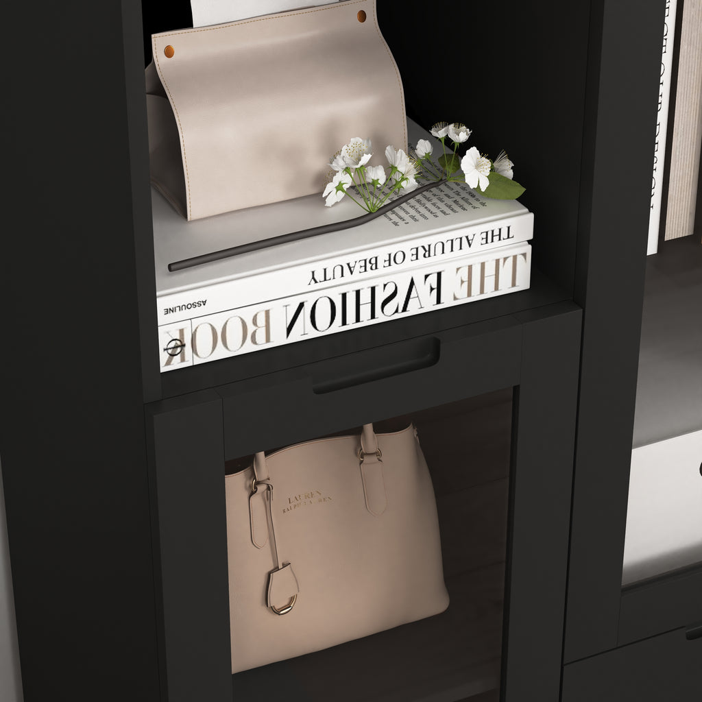 Modern MDF Painted Cabinet with Glass Doors and Drawer, Black, Bedroom or Living Room Storage - Grand Goldman Shop