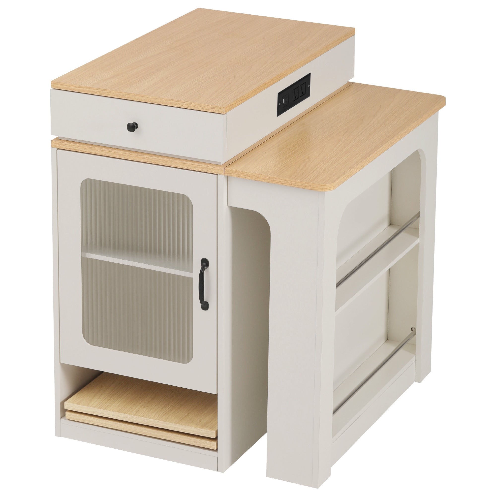 K&K 59.5' Kitchen Island with Extendable Dining Table, Kitchen Storage Table with Double-sided Storage, Kitchen Island with 2 Drawers, Power Outlet, Side Open Shelves, for Kitchen, Dining Room, White - Grand Goldman Shop