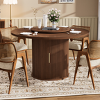 55-inch round dining table for six, featuring a double-tiered storage rack and a rotating tabletop tray. Wooden wavy-striped sliding doors. Ideal for home dining room living room (Walnut). - Grand Goldman Shop