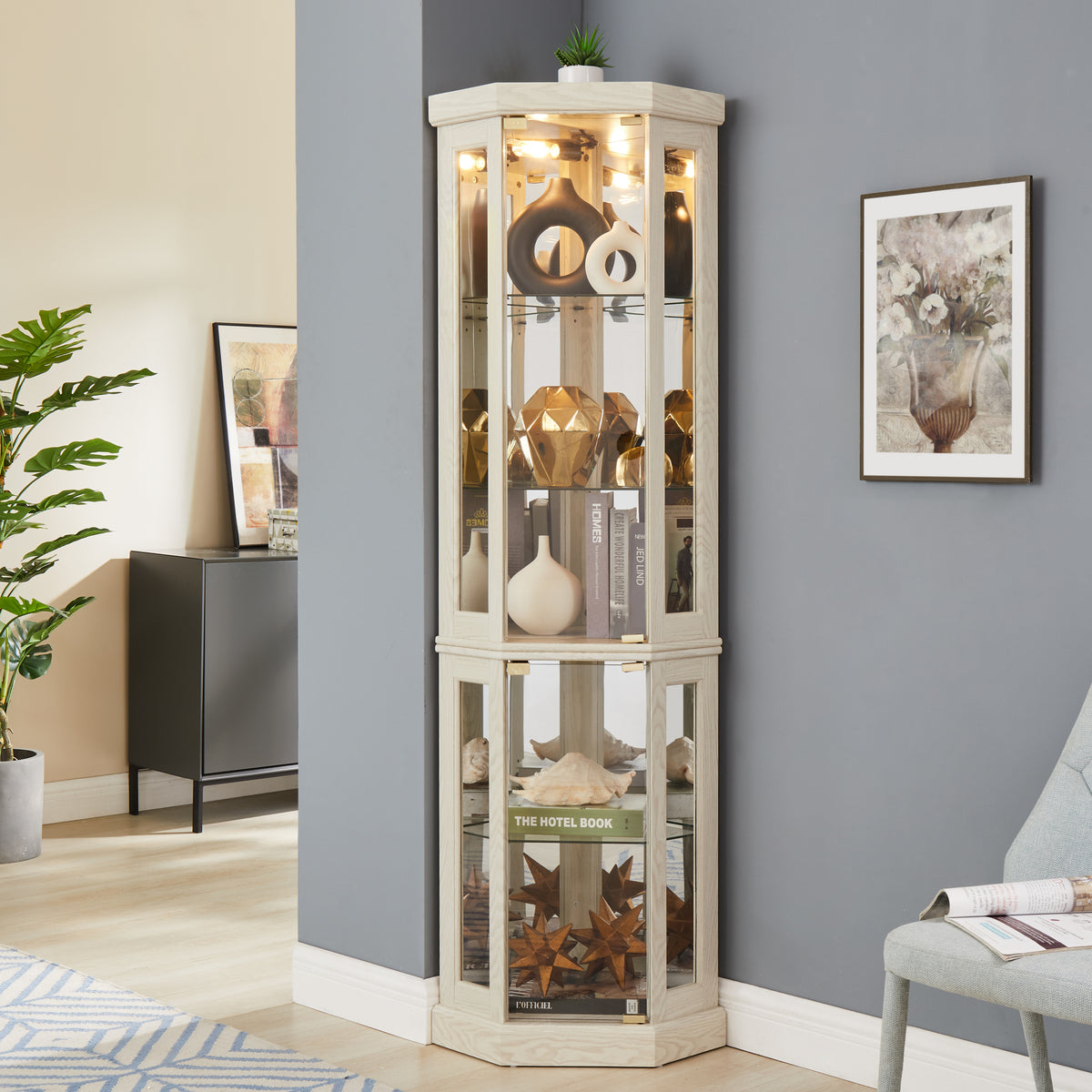 Corner Glass Cabinet Lighted Curio Cabinet Corner Display Case for Living Room, Curio Cabinet, Antique collection, Wine,Bar Glass Storage Light Included, Antique White - Grand Goldman Shop
