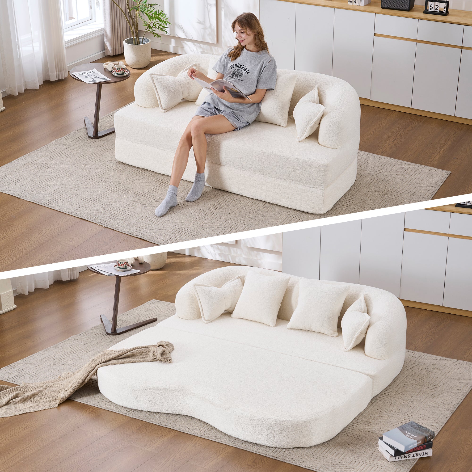 2-in-1 Foldable Sofa Bed,70 Inch Folding Boneless Couch Convertible Compressed Sleeper Sofabed, 4 Pillows for Living Room Apartment, Milk White - Grand Goldman Shop