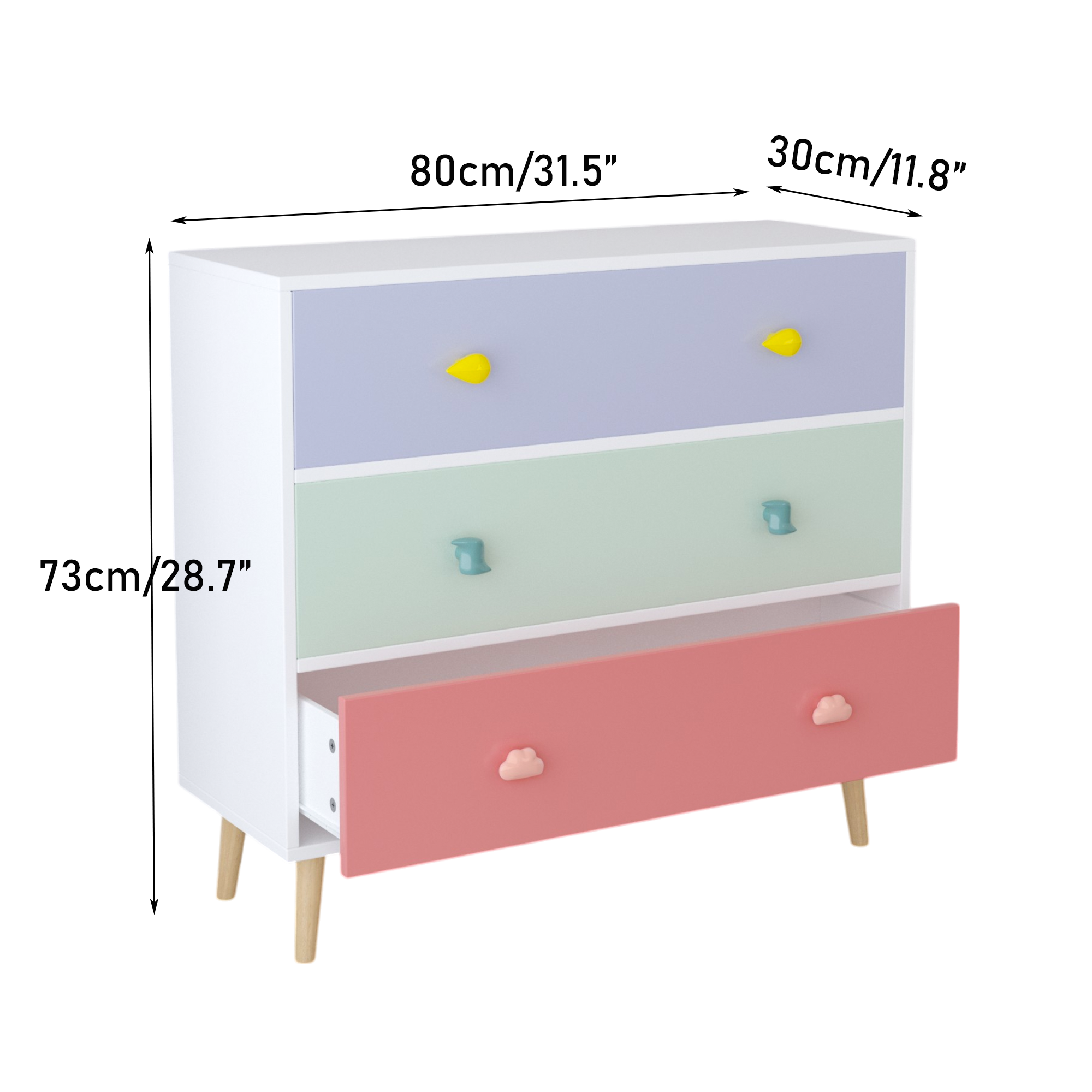 Kids 3 Drawer Dresser, Colorful Storage Cabinet with Anti-Tip Safety for Toddler Room, Nursery, Living Room, Apartment - Soli