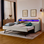 Beige Linen Upholstered Twin Sofa Bed with LED Lights, Wireless Charging, Adjustable Headboard Storage & Foldable Trundle, 80.5''x46''x34'' - Grand Goldman Shop