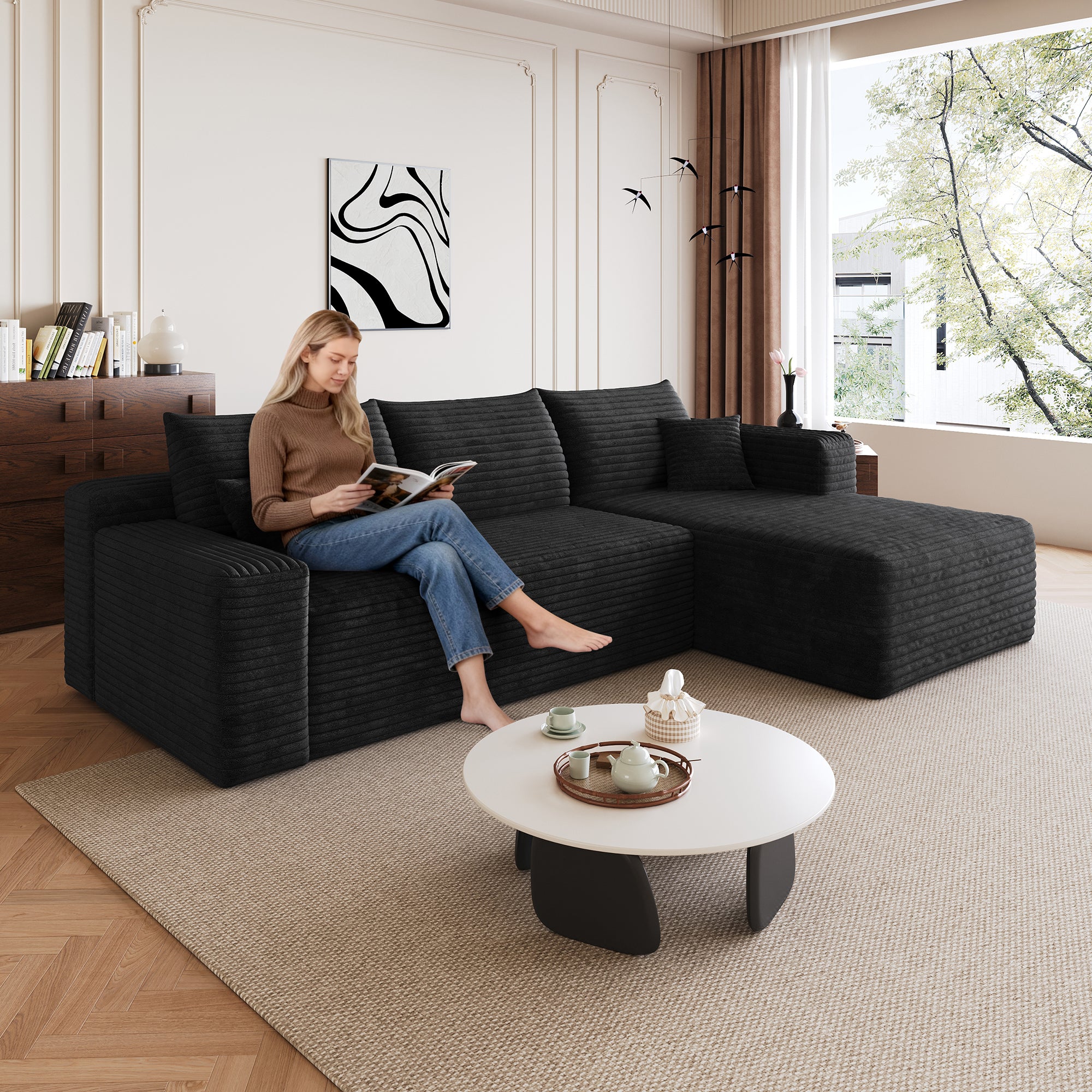 95' Cloud Sectional Sofa,Modern Minimalist Upholstered Couches, Comfort U Shaped Sofa for Living Room,Deep Seat Corner Couch,No Assembly Required,Black (Plush Corduroy Fabric) - Grand Goldman Shop