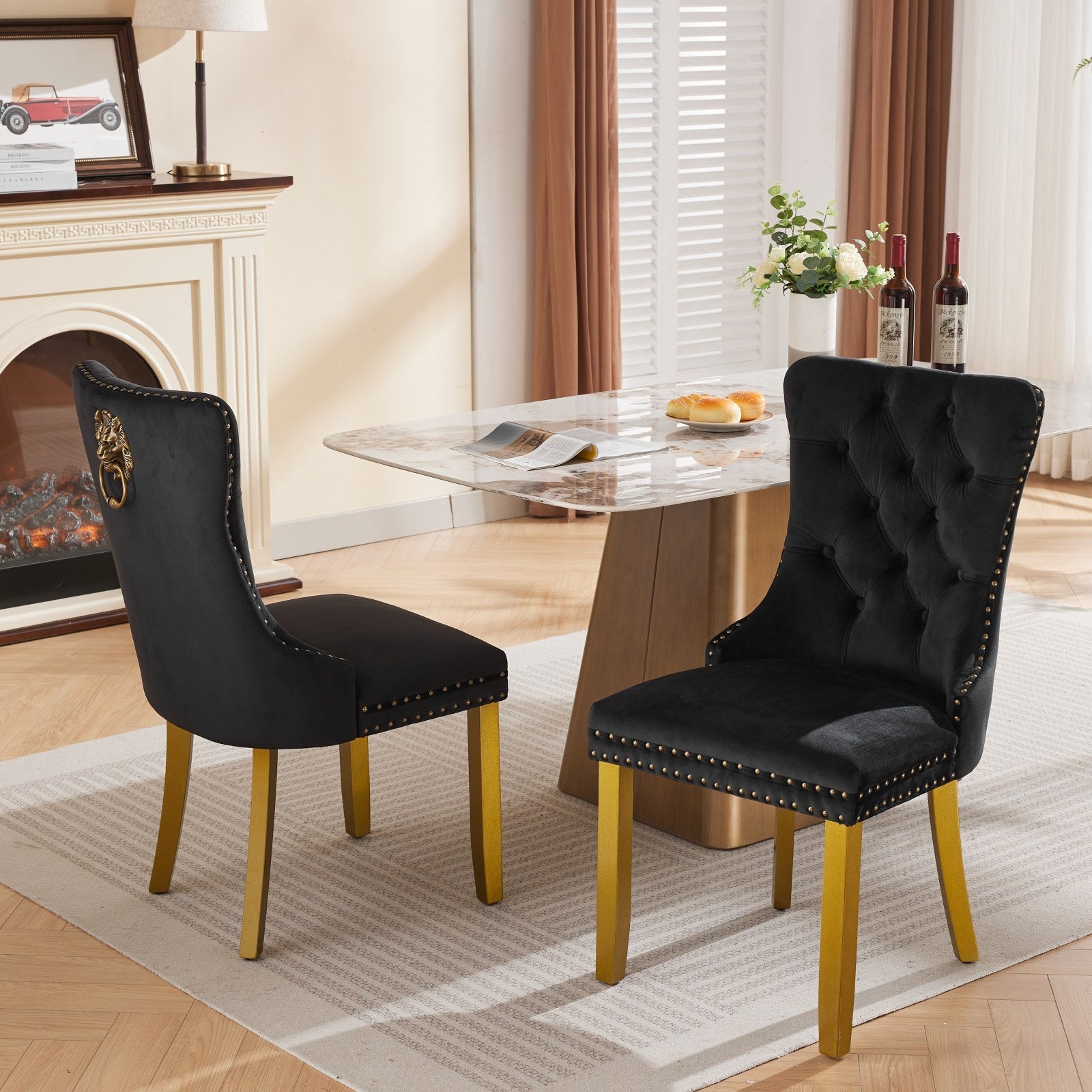 Mid-Century Modern Chairs with Lion Head Pull Ring,High-end Tufted Solid Wood Contemporary Velvet Upholstered Dining Chair with Golden Wooden Legs Nailhead Trim 2-Pcs Set,Black,SW1201BK - Grand Goldman Shop