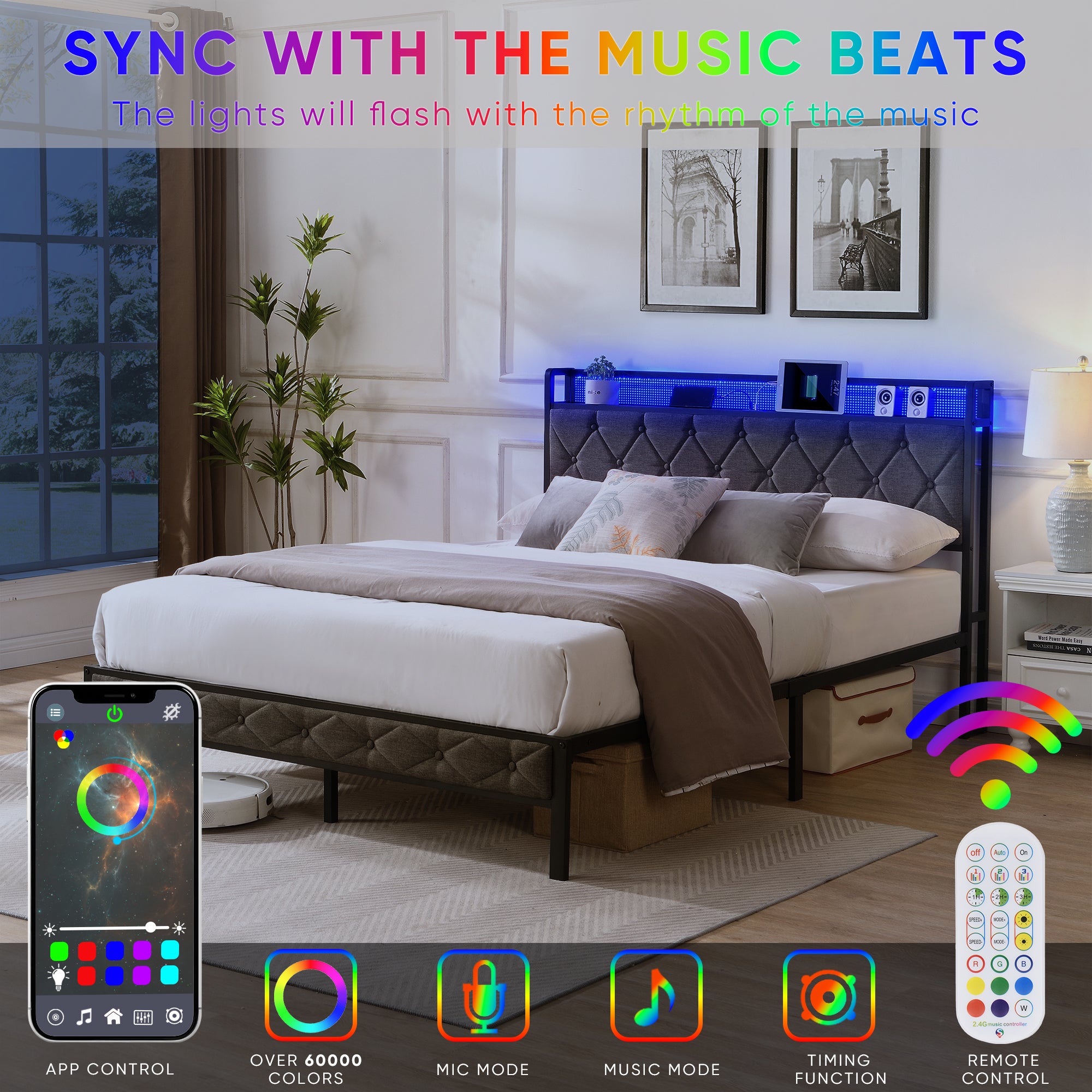 Full Bed Frame with  Storage Headboard, Charging Station and LED Lights, Upholstered Platform Bed with Heavy Metal Slats, No Box Spring Needed, Noise Free, Easy Assembly, Dark Gray - Grand Goldman Shop