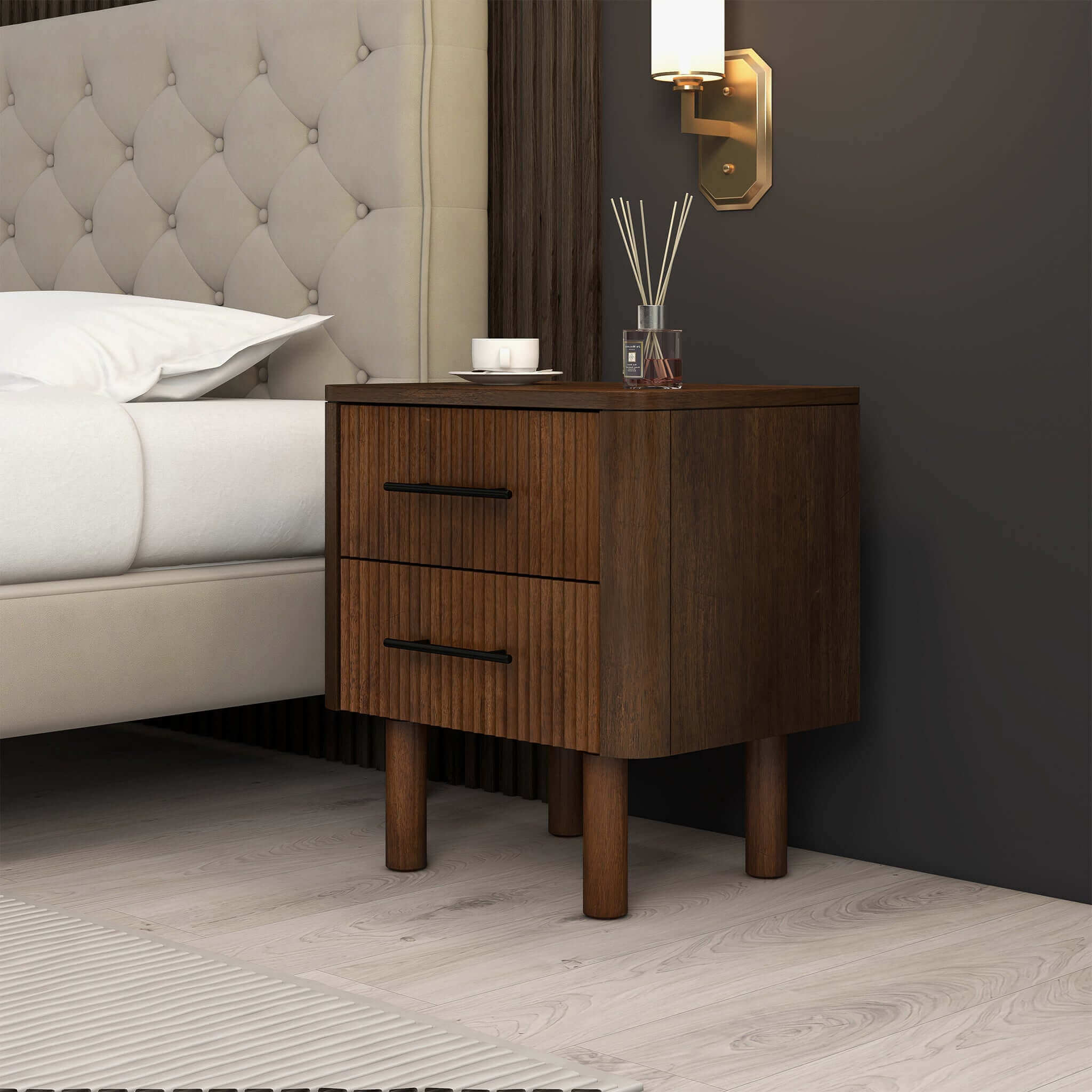Logan Mid Century Modern Walnut Nightstand with 2 Drawers, Solid Wood, 24x 22x15 inches Drawers and Storage Shelf for Bedrooms, Small Spaces, Bedside Table - Grand Goldman Shop
