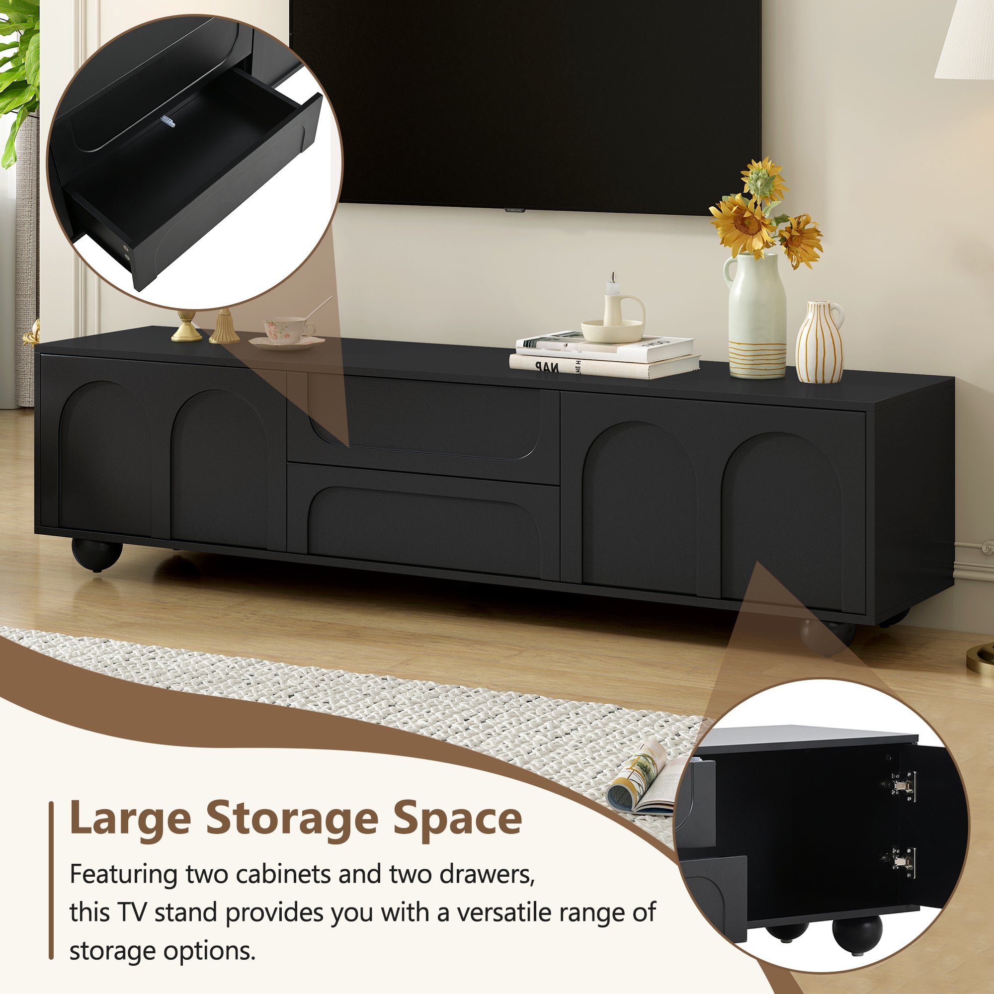 ON-TREND Cream Style TV Stand with Arched Doors & 2 Drawers for TVs up to 75', Minimalist Media Console with Rebound Device, Entertainment Center with 5 Iron Round Legs for Living Room, Bedroom, Black - Grand Goldman Shop