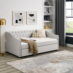 Beige Upholstered Tufted Twin Daybed with Trundle, Copper Nail-Trimmed Waved Arms, Eucalyptus Wood Frame, 80.5'x41'x30.5' - Grand Goldman Shop