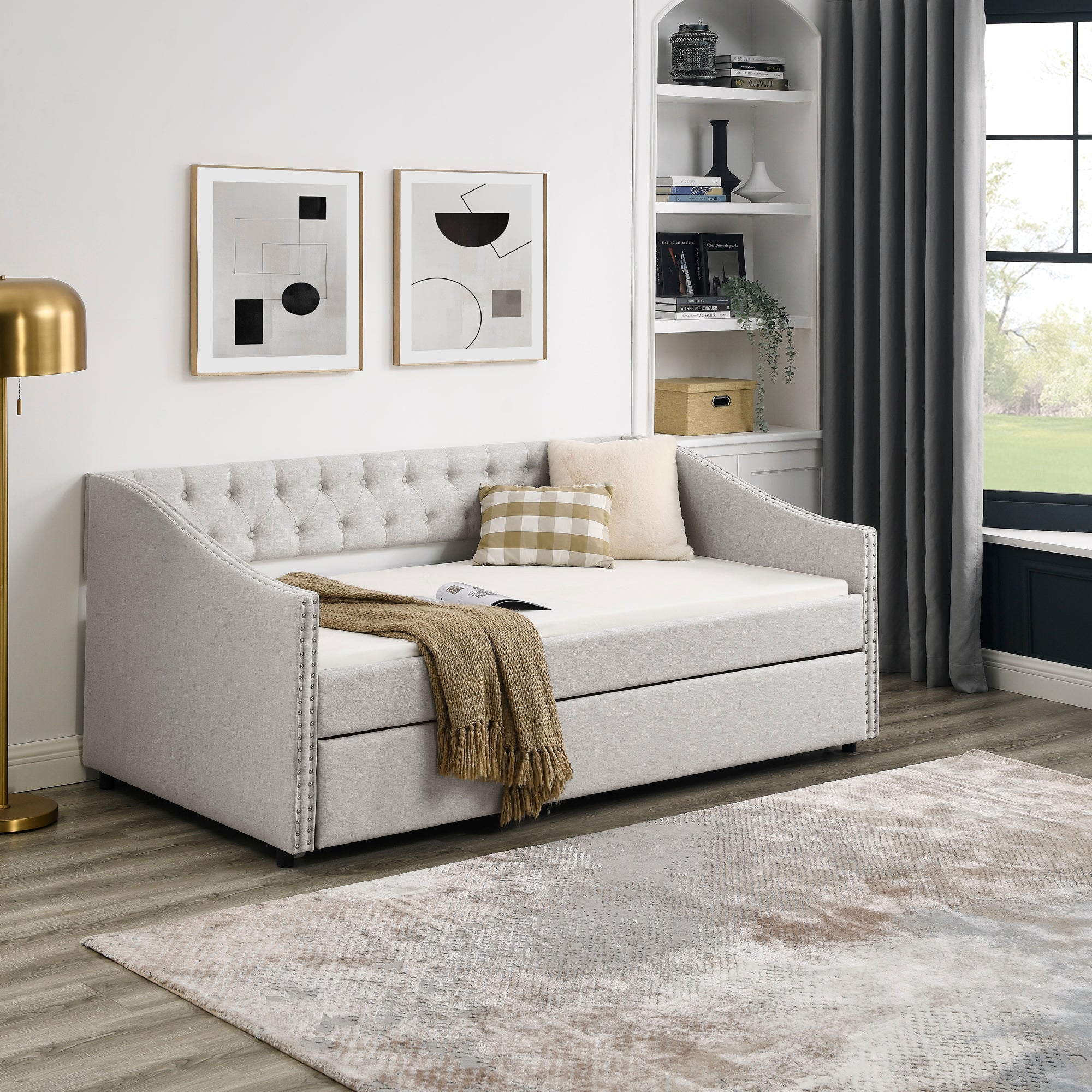 Beige Upholstered Tufted Twin Daybed with Trundle, Copper Nail-Trimmed Waved Arms, Eucalyptus Wood Frame, 80.5'x41'x30.5' - Grand Goldman Shop