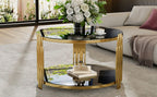 Modern Black Mirror Coffee Table, Asymmetrical Metal, Circular Metal Drum Base, Gold Finish & Lower Shelf - Grand Goldman Shop