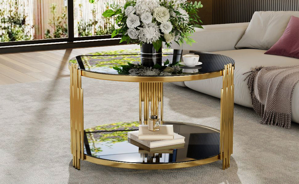 Modern Black Mirror Coffee Table, Asymmetrical Metal, Circular Metal Drum Base, Gold Finish & Lower Shelf - Grand Goldman Shop