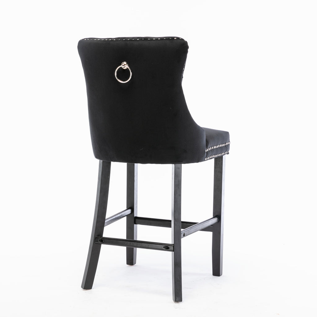 Contemporary Velvet Upholstered Barstools with Button Tufted Decoration and Wooden Legs, and Chrome Nailhead Trim, Leisure Style Bar Chairs,Bar stools, Set of 2 (Black),SW2002BK - Grand Goldman Shop