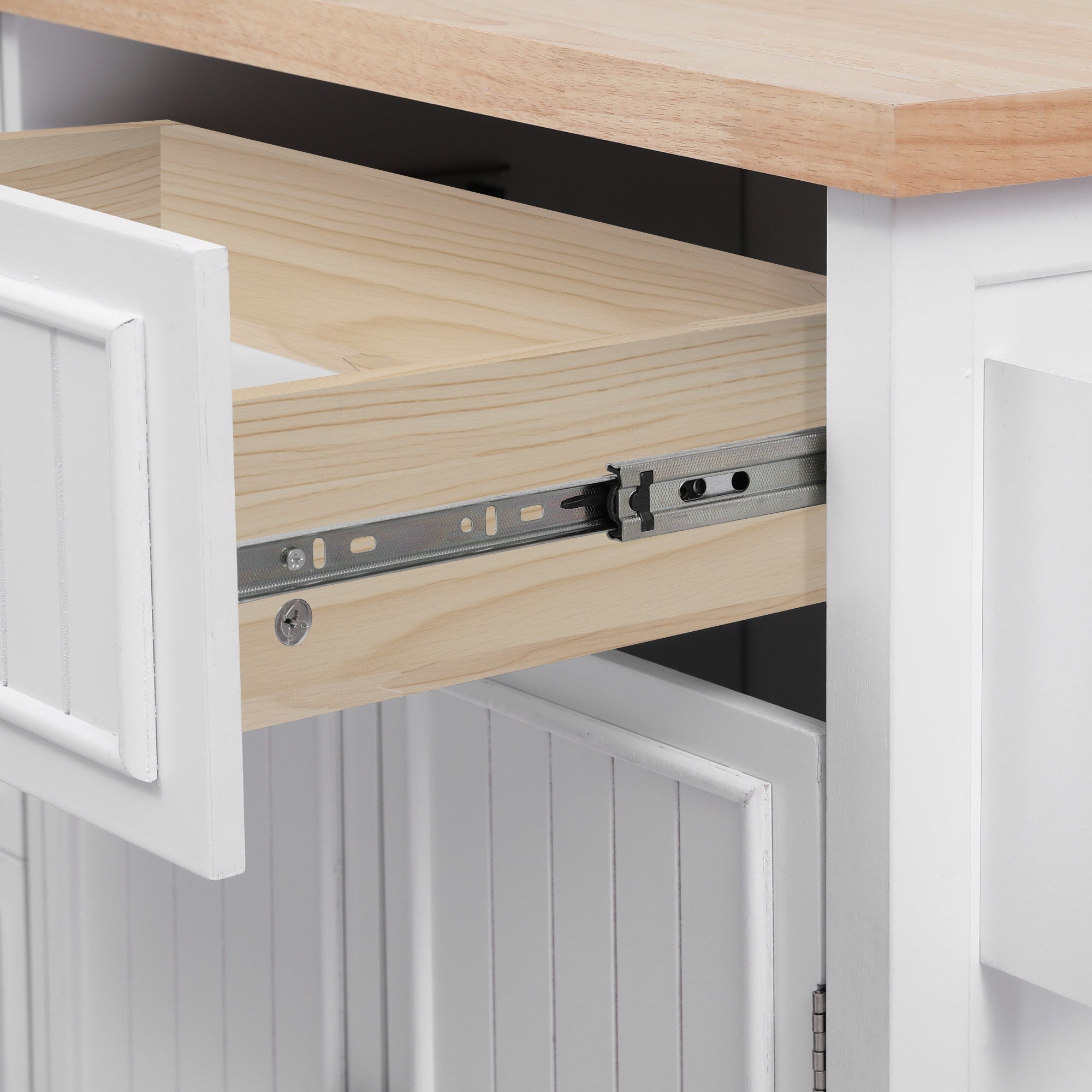K&K 56.5'' Kitchen Island with Drop Leaf, Power Outlet, Embossed Vertical Stripe Rolling Kitchen Cart on Wheels with 4 Doors , 5 Deep Drawers and Adjustable Shelves, for Kitchen, Dining Room, White - Grand Goldman Shop