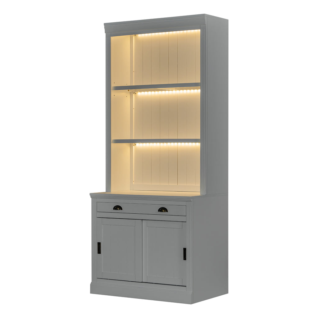 83.4'Tall Bookshelf Suite with LED Lighting, Modern Bookcase Suite with Sliding Doors,Drawers and Open Shelves,Storage Booksh