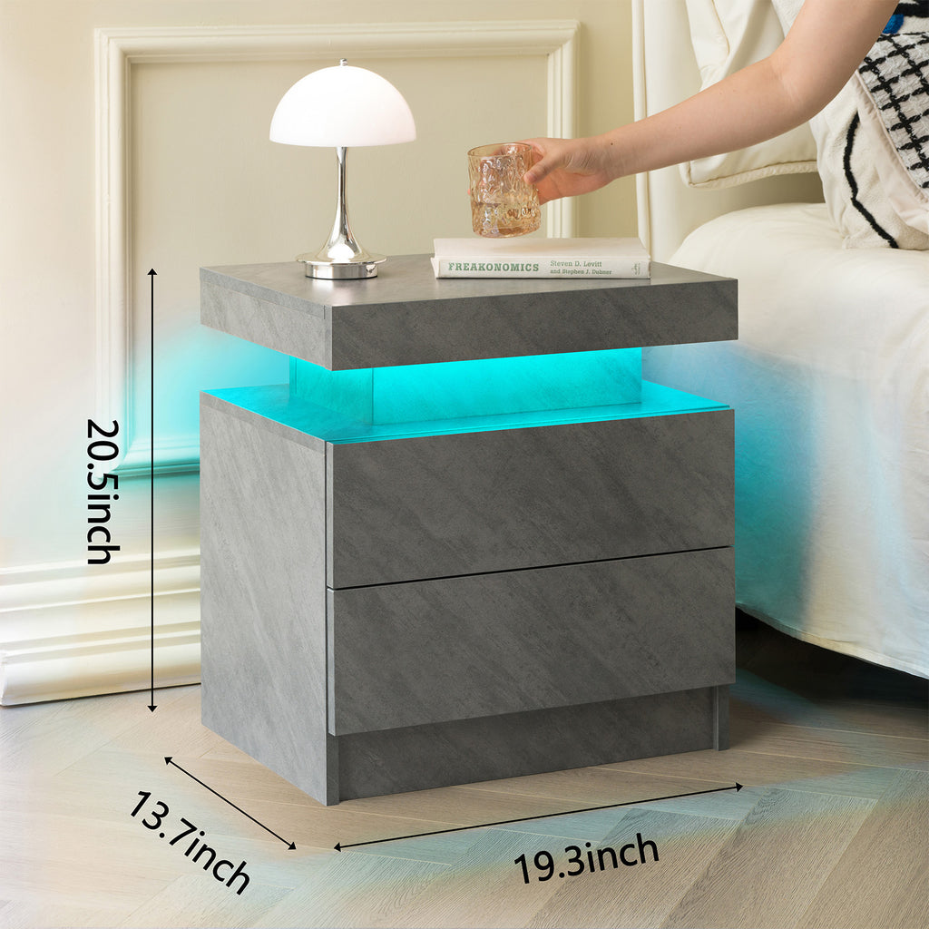 Nightstand LED Bedside Table Cabinet Lights Modern End Side with 2 Drawers for Bedroom (Deep Gray) - Grand Goldman Shop