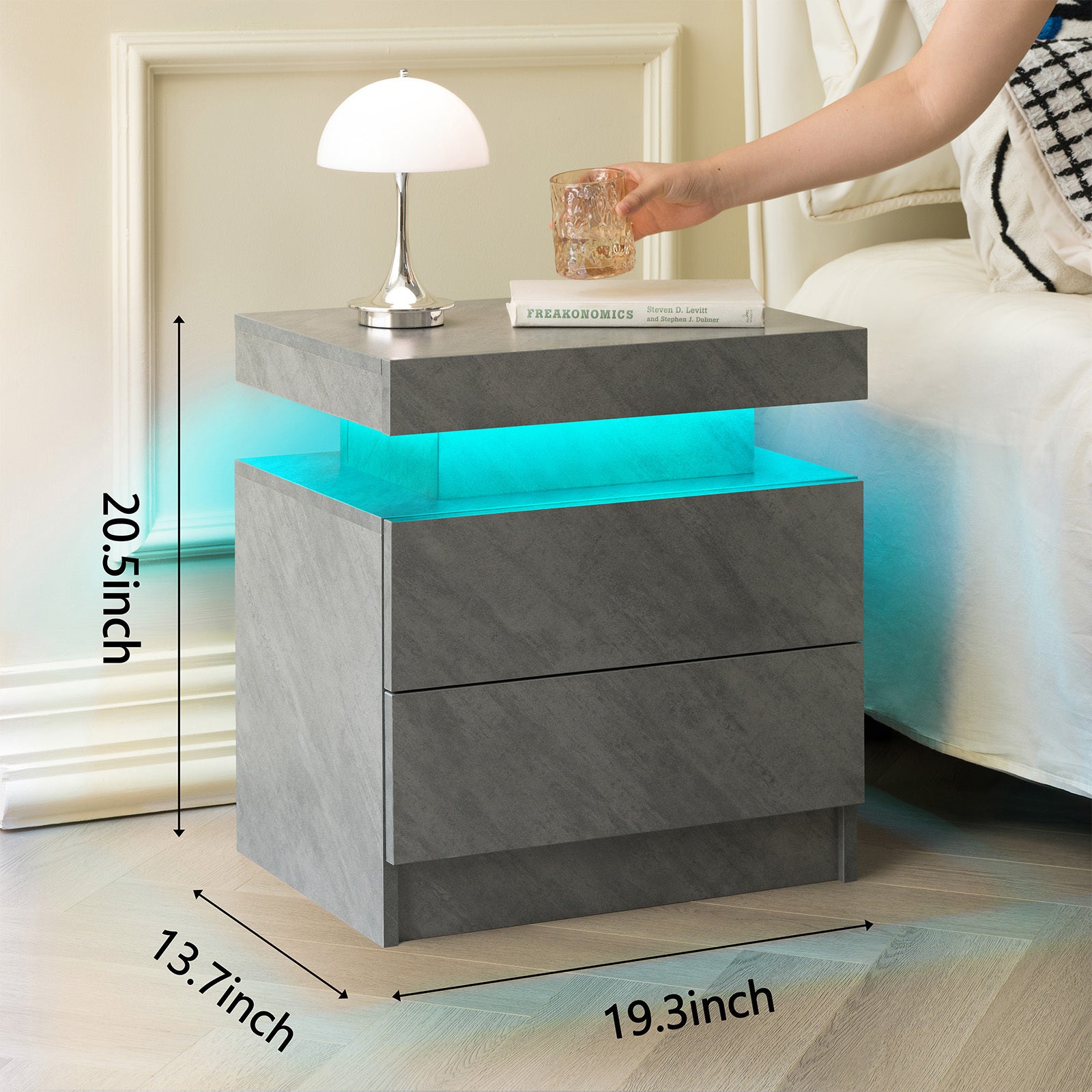 Nightstand LED Bedside Table Cabinet Lights Modern End Side with 2 Drawers for Bedroom (Deep Gray) - Grand Goldman Shop
