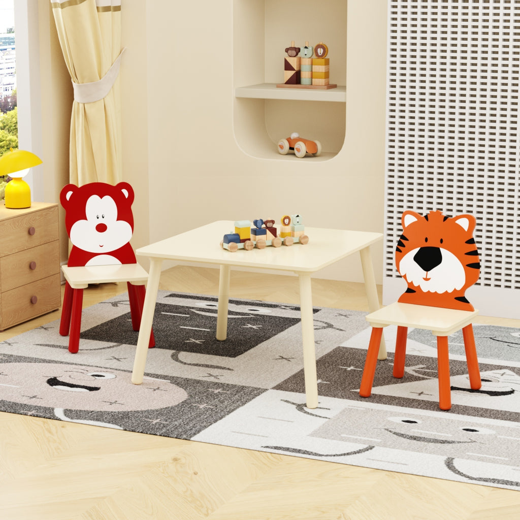 Kids Table and 2 Chairs Set, Wooden Activity Play Table Set with Bear & Tiger Design in White & Orange, Solid Wood and MDF Co