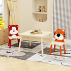 Kids Table and 2 Chairs Set, Wooden Activity Play Table Set with Bear & Tiger Design in White & Orange, Solid Wood and MDF Co